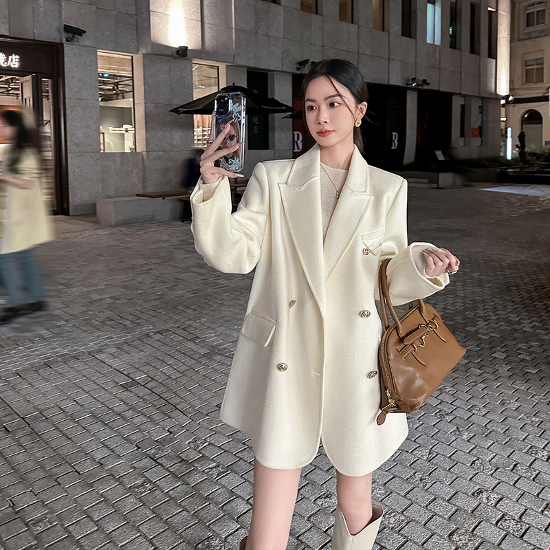 Binguo Off-White Light Luxury Double-Sided Cashmere Blazer for Women, Autumn Warm Loose Woolen Suit