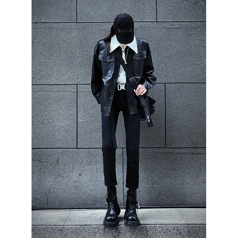 Eleven's Letter | Original Design Genderless Nine-Point Jeans Black Slim Fit Unisex Straight-Leg Pants