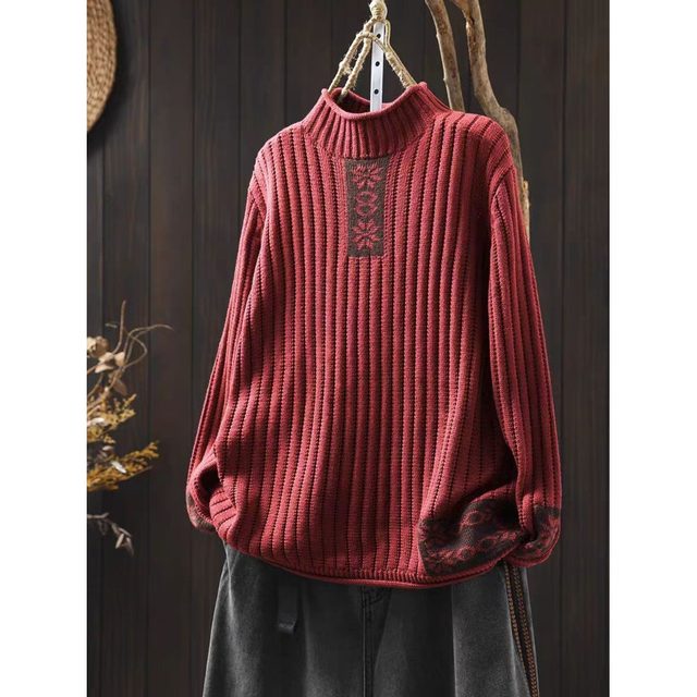 Women's artistic contrast patch embroidered turtleneck sweater