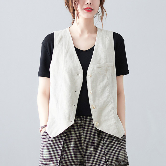 Linen Vest 2023 ໃຫມ່ຂອງແມ່ຍິງ Summer ບາງ Vest ເທິງສຸດ Slim V-Neck Sleeveless Waistcoat Short Jacket