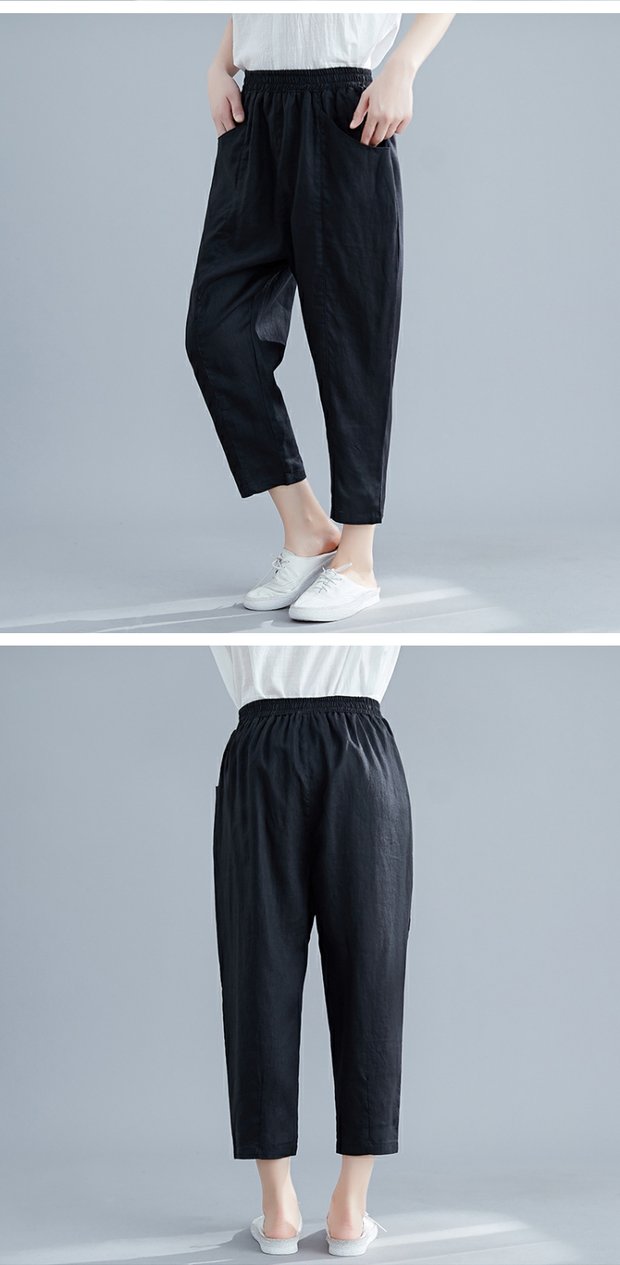 Mùa hè 2019 mới quần rộng size cotton rộng và vải lanh chín quần thường có dây thun co giãn hoang dã là quần harem mỏng nữ - Quần Harem quần áo vintage