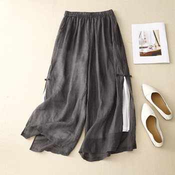Ramie high waist pants ຂາກວ້າງຂອງແມ່ຍິງ slit disc buckle pants ເກົ້າຈຸດ