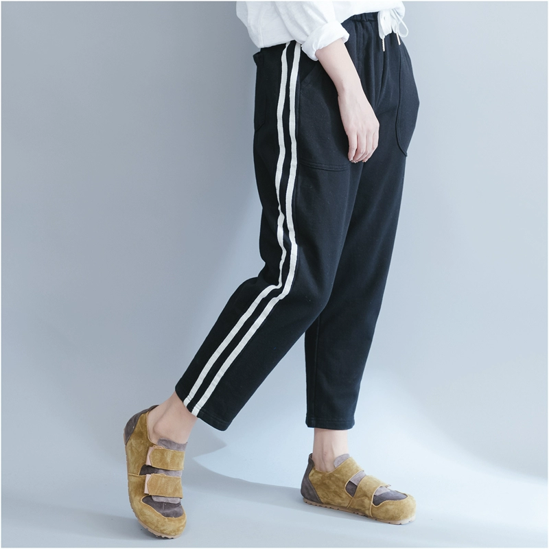 Mùa xuân 2017 mới giản dị hoang dã sọc lớn cỡ lớn MM lỏng lẻo 9 điểm quần cotton thun eo harem quần nữ
