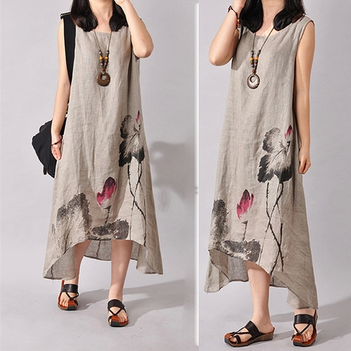 Sen Women's Department Short sleeves Summer loose Large size Chinese Feng Shui ink Painting Printed Art Fan China Long version of cotton numb dress