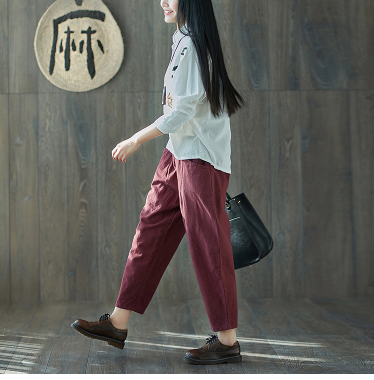 2018 mùa xuân mới văn học quần linen linh hoạt slim lỏng kích thước lớn đàn hồi eo bông và vải lanh chín điểm harem quần quần tây nữ hàn quốc