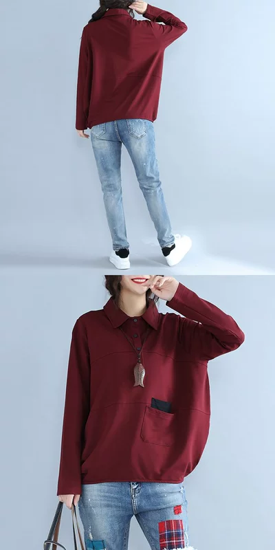Mùa thu mới chất béo mm văn học cỡ lớn rộng 200 pounds Thịt Tây Tạng mỏng cổ áo POLO cotton dài tay áo thun nữ áo thun tay lỡ