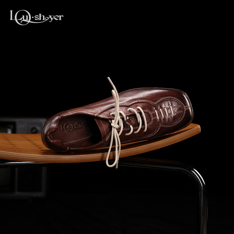 Lou Shoyer American Retro Sports Style Washed Horse Leather Casual Bowling Shoes Vintage Derby Shoes for Women