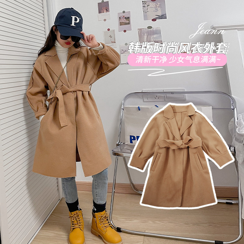 Child camel imitation double face cashmere collection waist large coat 2021 autumn Winter girl Fashion medium long version of classic coat jacket