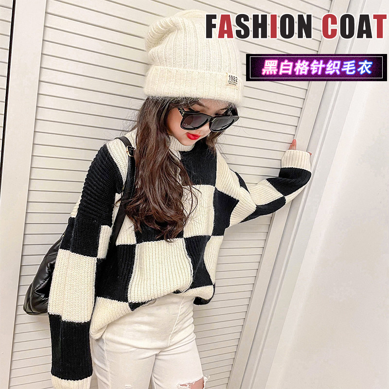 Girls knitted sweater 2021 autumn and winter new Korean version fashion loose checkerboard pullover top plaid bottoming shirt