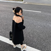 Girls color-blocked coats with cotton fashionable and western-style middle-aged and older childrens 2022 autumn and winter new style mid-length woolen coats
