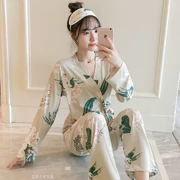 Bộ đồ ngủ nữ mùa thu dài tay cotton dâu hai mảnh phù hợp với phong cách Nhật Bản kimono dễ thương bên ngoài mặc áo len dịch vụ tại nhà