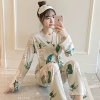 Bộ đồ ngủ nữ mùa thu dài tay cotton dâu hai mảnh phù hợp với phong cách Nhật Bản kimono dễ thương bên ngoài mặc áo len dịch vụ tại nhà đồ bộ cát hàn