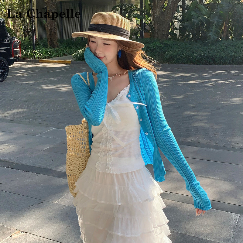 La Chapelle Unique and Beautiful Early Spring Cardigan Jacket for Women 2026 New Blue Top with a High-End Feel Sweater Outerwear