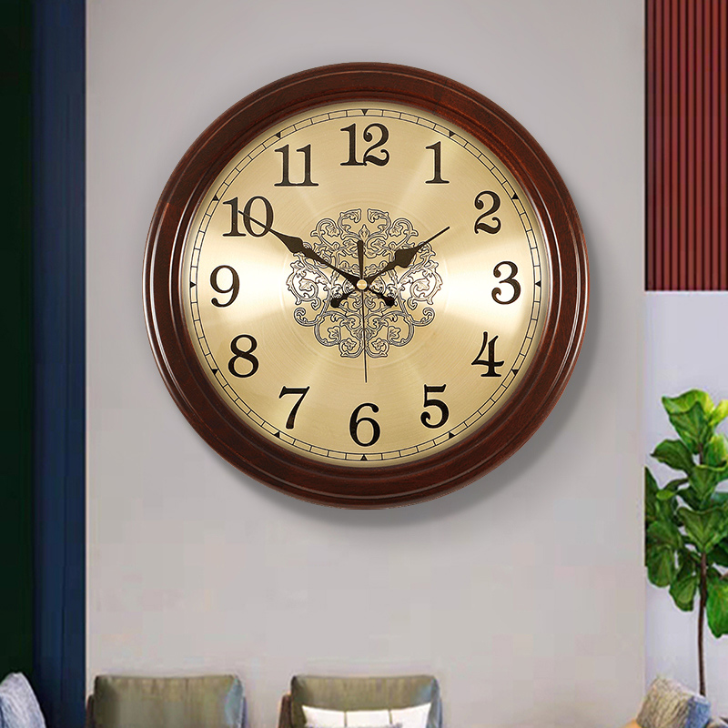 European-style solid wood wall clock living room home fashion hanging wall clock watch simple modern bedroom round hanging watch light luxury atmosphere