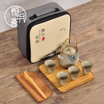 Hand-painted ceramic travel kung fu tea set a pot of four cups Japanese style simple retro style bamboo plate outdoor drinking ware