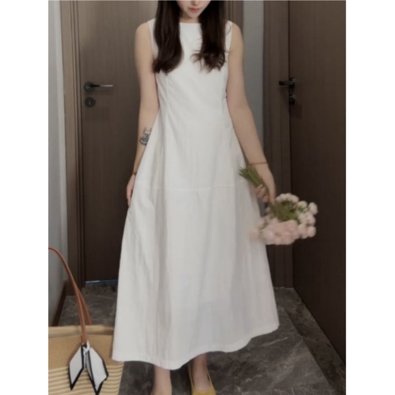 2025 Summer New Style Flower Bud Sleeveless Vest Dress for Petite Women, White Commuter Waist-Cinching Slimming Over-The-Knee Long Dress 2025 Summer New Style Flower Bud Sleeveless Vest Dress for Petite Women, White Commuter Waist-Cinching Slimming Over-The-Knee Long Dress