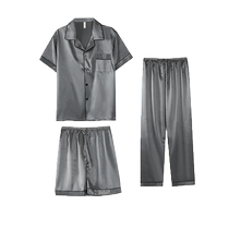 Cat man sleepwear with three sets of 2024 new summer short sleeves thin ice silk home The mens big code can be worn out