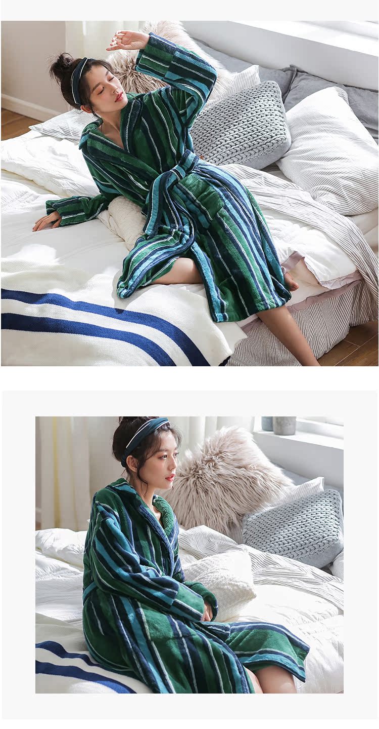 Dễ thương mùa đông vài bộ đồ ngủ lông cừu san hô Phiên bản Hàn Quốc của phụ nữ sọc dày áo choàng ấm flannel áo choàng nam áo ngủ 2 dây