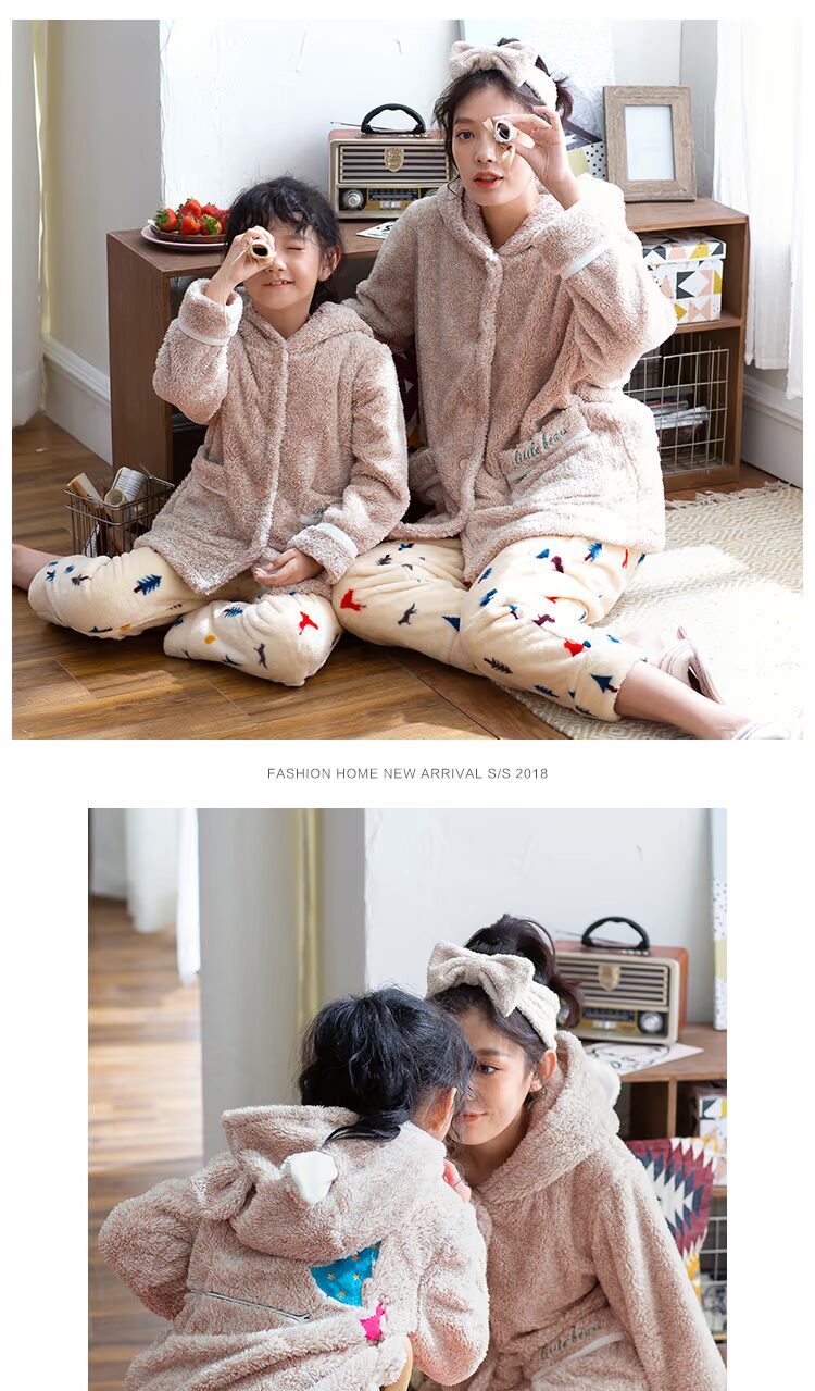 [Fold] mùa đông cha mẹ-con ấm áp flannel đồ ngủ nữ trùm đầu dày cô gái san hô lông cừu nhà dịch vụ bộ mặc nhà