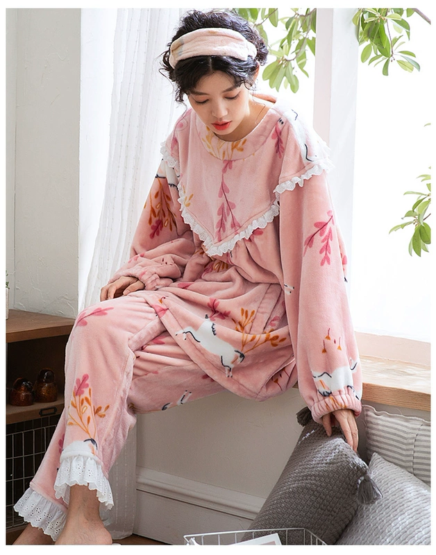 Có thể là trẻ em mùa đông nhung nhung đồ ngủ nữ phiên bản Hàn Quốc của phim hoạt hình dễ thương lỏng kích thước lớn dày phù hợp với dịch vụ nhà flannel đồ bộ nữ mặc nhà