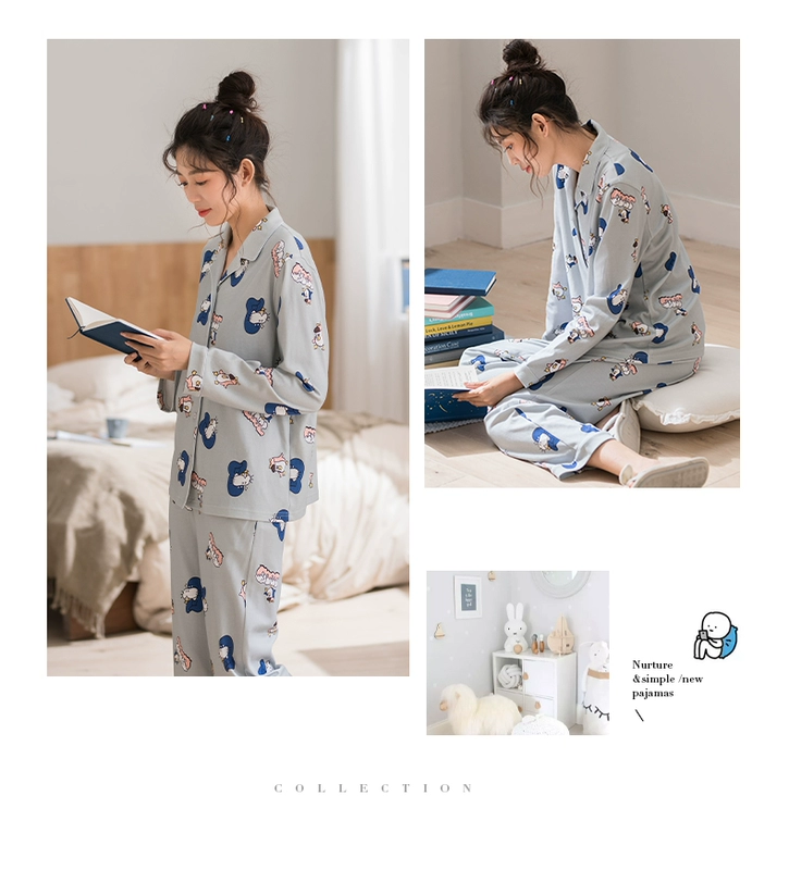 Dễ thương mùa thu cotton dài tay đồ ngủ Áo len cardigan Hàn Quốc phim hoạt hình quần dịch vụ nhà in bông phù hợp - Giống cái