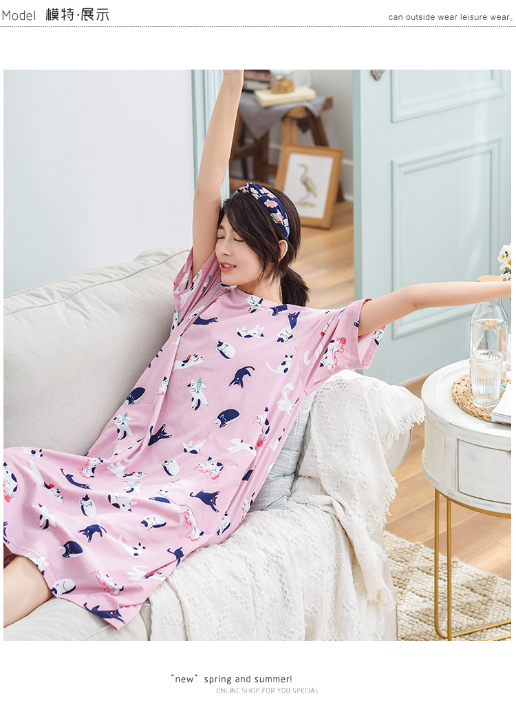 Có thể là đồ ngủ nữ cotton mùa hè dễ thương in phim hoạt hình ngắn tay rộng rãi áo ngủ cotton kích thước lớn đầm mặc nhà thoải mái