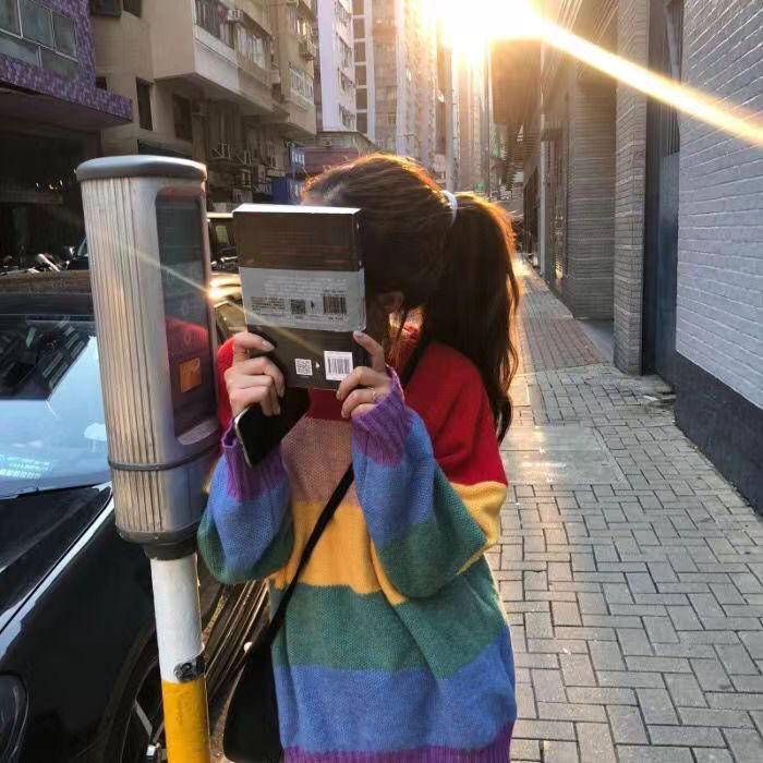 Sweet and Fresh Rainbow Striped Sweater for Women, Korean Style, Lazy Style, Loose, Contrasting Color Pullover, Student Knitwear Jacket