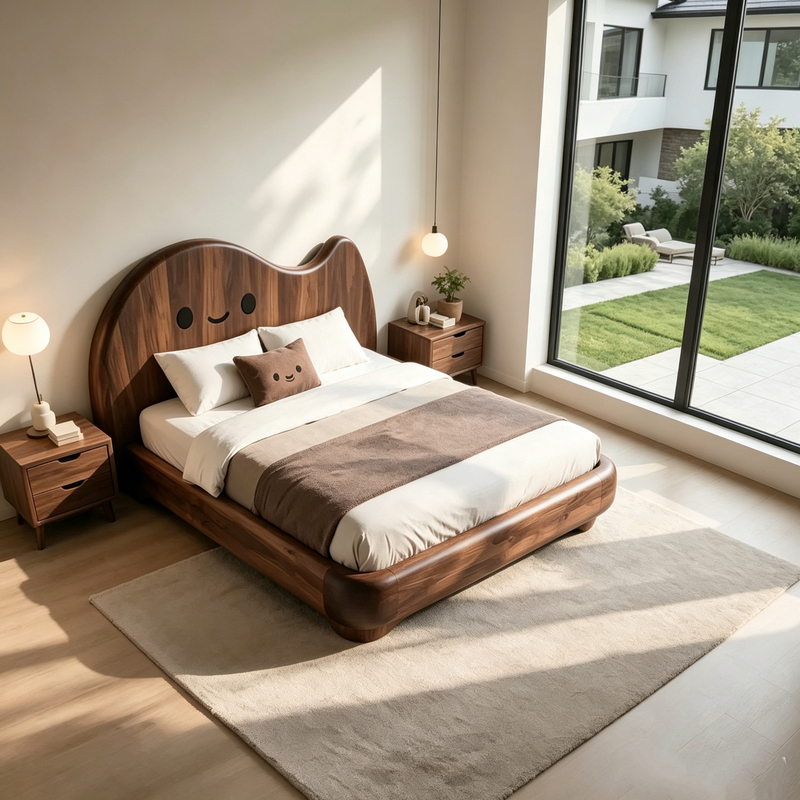 Simple Chinese-Style Black Walnut Wood Bed for 1-2 People with Mortise and Tenon Craftsmanship, Cartoon Creative Bed with a Smiling Headboard Simple Chinese-Style Black Walnut Wood Bed for 1-2 People with Mortise and Tenon Craftsmanship, Cartoon Creative Bed with a Smiling Headboard