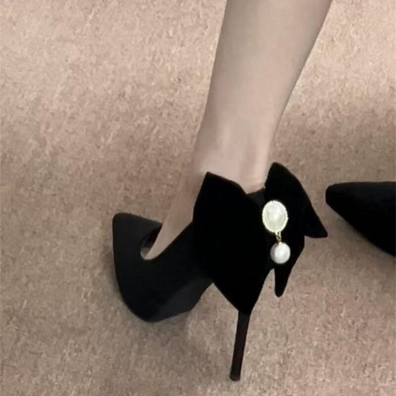 2026 New Autumn and Winter Black Waterproof Platform Ultra-High Heels Women's Pointed Toe Stiletto Bow Pearl Shoes 12cm