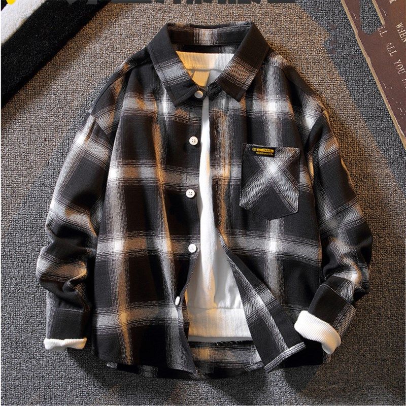 Children Suit Boy Shirt Plus Suede Thickened New Autumn Winter Dress CUHK Boy Boy Pure Cotton Plaid Sweater Shirt Tide