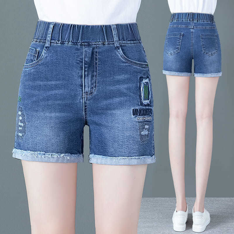 2025 New Summer Women's Denim Shorts Elastic Waist High Elastic Quarter Denim Shorts High Waist Belly-Covering Women's Pants