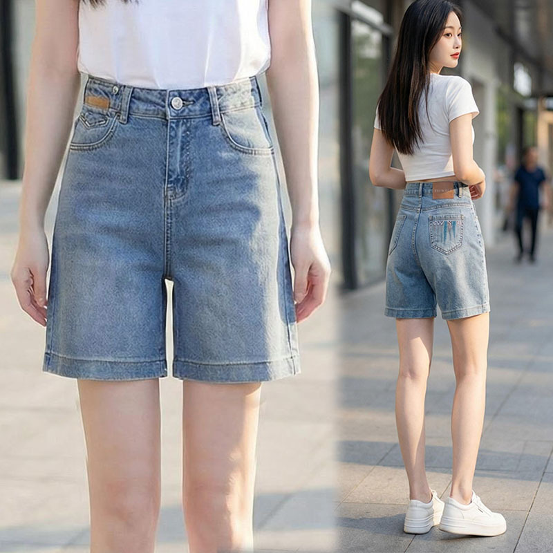 High-Waisted Slimming Denim Shorts for Women, Summer Thin Loose Elastic Straight-Leg Pants, Petite Outerwear Mid-Length Pants