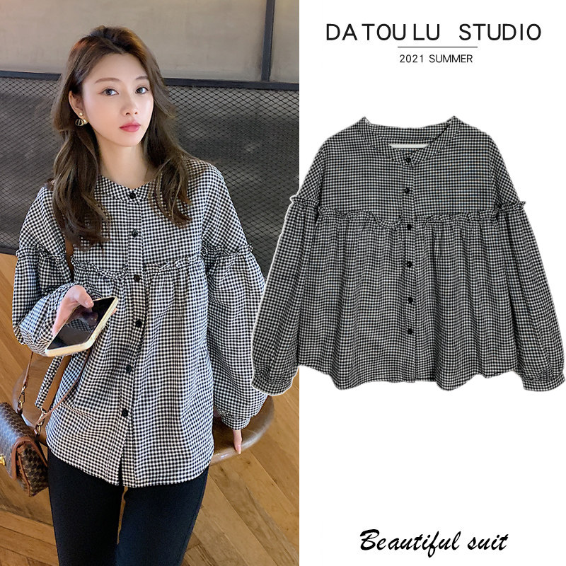 Maternity tops spring and autumn models go out Korean version loose plaid shirt female small maternity autumn suit fashion models