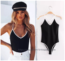 V-neck chest tight one-piece top with suspenders inside contrast vest bottoming shirt European and American backless women beware of machine tide