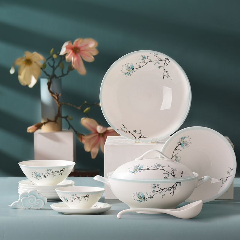 Huaguang National Porcelain Light Luxury Bone China Tableware Set High-Temperature Glaze Inlaid Bowl and Plate Chinese Household Tableware Gift Box Qingyu Case