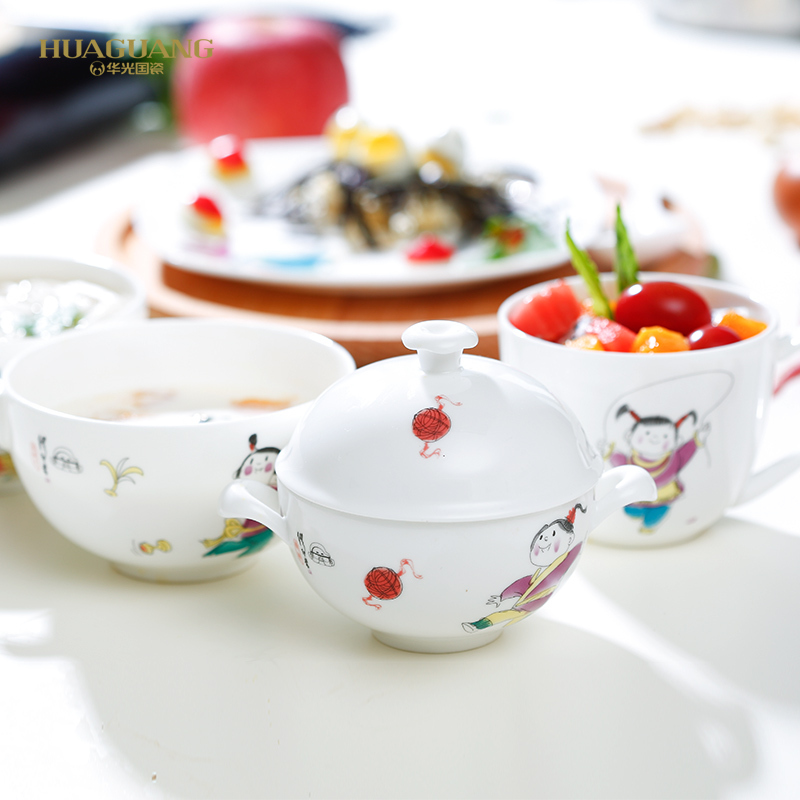 Huaguang National Porcelain Children's Antibacterial Bone China Tableware Set Cartoon Bone China Tableware Bowls Plates Cups Saucers Souvenirs by Miao Yintang Huaguang National Porcelain Children's Antibacterial Bone China Tableware Set Cartoon Bone China Tableware Bowls Plates Cups Saucers Souvenirs by Miao Yintang