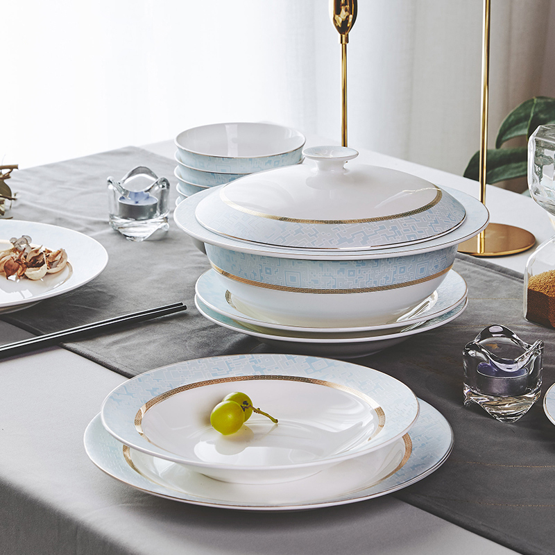Huaguang National Porcelain Bone China Bowl and Plate Dinnerware Set, Home Use, Light Luxury European Style, Housewarming Wedding Tableware Gift Box, Santorini