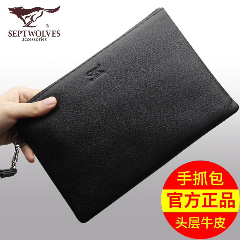 Seven Wolves 2022 New Handbags Men Genuine Leather Handbags Men's Envelopes Bag Tide Casual Hands Grab Bag Men's Bag Bull Leather