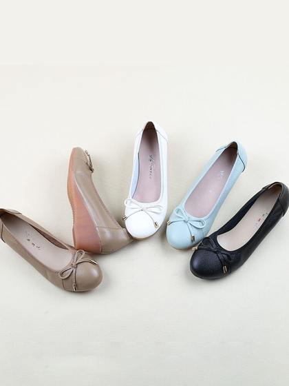 真皮牛皮浅口圆头单鞋女中跟坡跟简约工作鞋妈妈鞋一脚蹬休闲女鞋