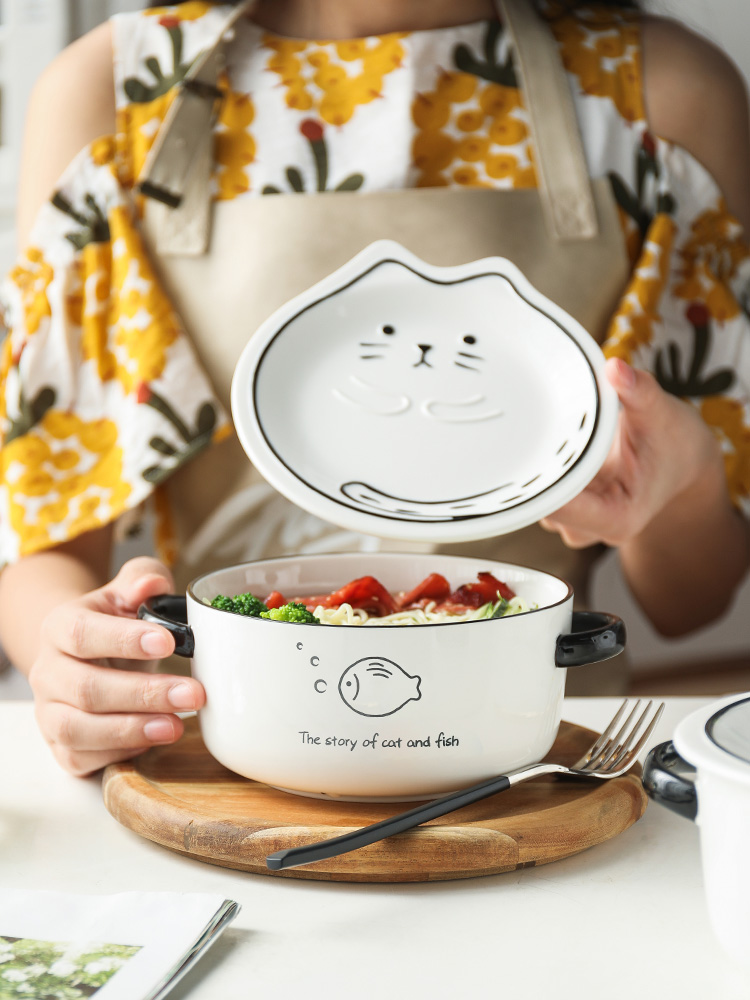 Meow Food Kee cute ceramic instant noodle bowl Soup bowl with lid Large rice bowl tableware chopsticks set Student dormitory noodle bowl