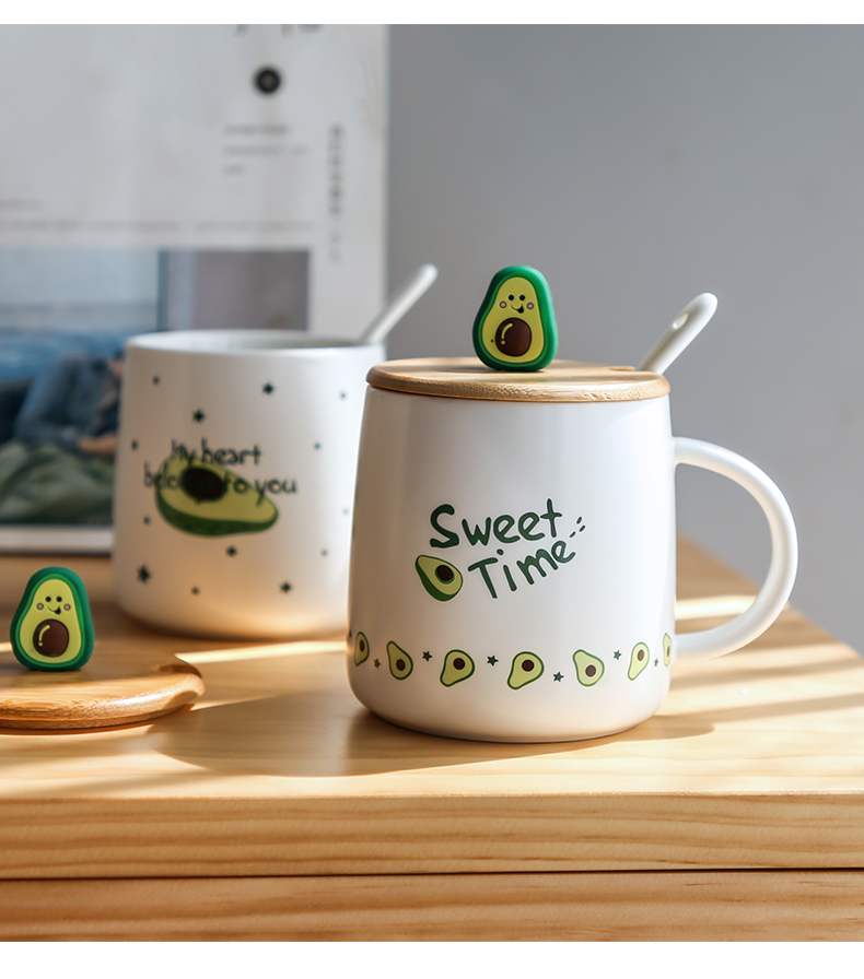 But Avocado green wooden cover mark cup with cover ceramic spoon cup Nordic creative web celebrity ins wind household milk cup