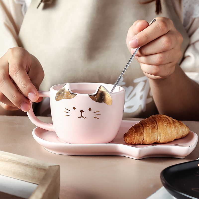 Golden cat lovers coffee cup small suit with a spoon, contracted ceramic north European key-2 luxury oatmeal for breakfast milk cup