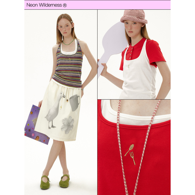 Neon Wilderness ® Fork and Spoon Gold Thread Embroidery Halter Neck Backless 3-Color Camisole