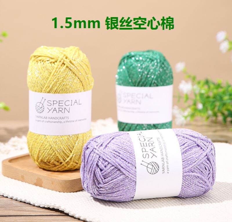 Silver Hollow Cotton Thread 1.5mm Shiny Round Yarn Bright Silk Thread Handmade DIY Crochet Bag Silver Yarn
