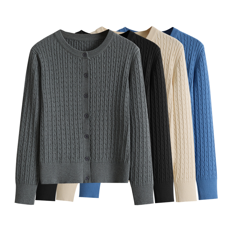 2025 New Style 100% Pure Cotton Twist Knit Cardigan Spring and Autumn Women's Sweater Coat Solid Color Round Neck Top for Women