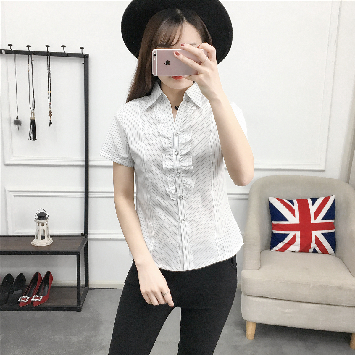 Phụ nữ đi lại thường xuyên dài tay mới sọc màu xám áo sơ mi nữ Hàn Quốc phiên bản của mỏng giảm béo CV áo sơ mi khí của phụ nữ quần áo áo sơ mi nữ dài tay cho người béo