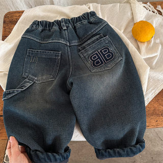 Boys' Winter Thickened Pants, Fleece-Lined Children's Jeans, Integrated Fleece, Baby 2025 New Trendy Cool and Handsome Style
