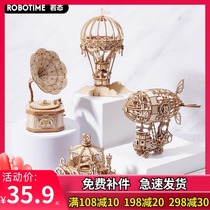 If State 3d Left Sound Machine Hot Air Balloon Stereo Wooden Puzzle Diy Hand Assembled Model Creative Birthday Gift Woman
