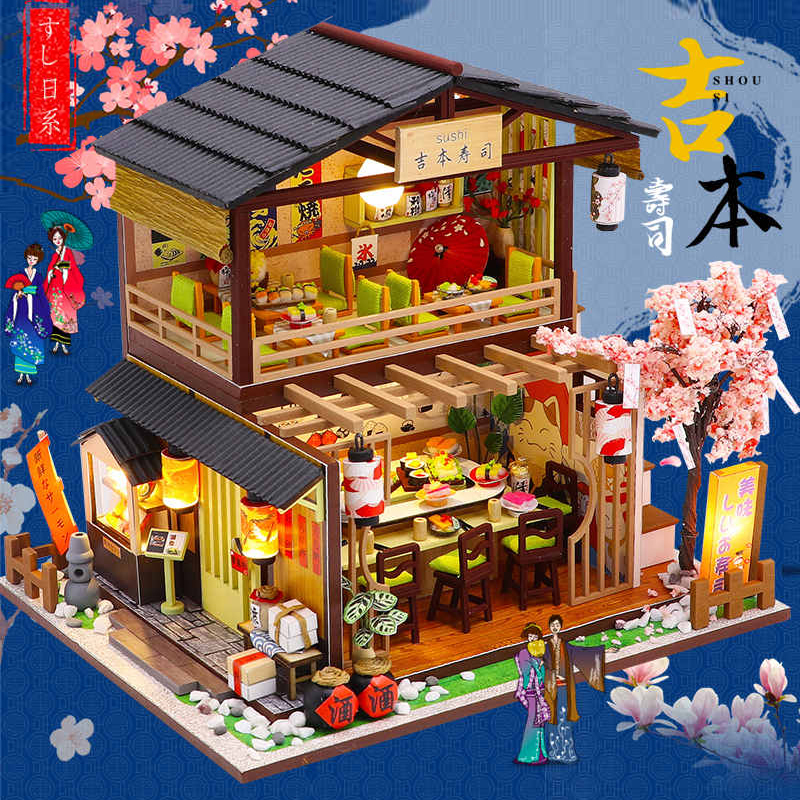 Japanese DIY Miniature Sushi Restaurant Handmade Wooden Shop House Scene Building Model Assembly Kit Birthday Gift Japanese DIY Miniature Sushi Restaurant Handmade Wooden Shop House Scene Building Model Assembly Kit Birthday Gift