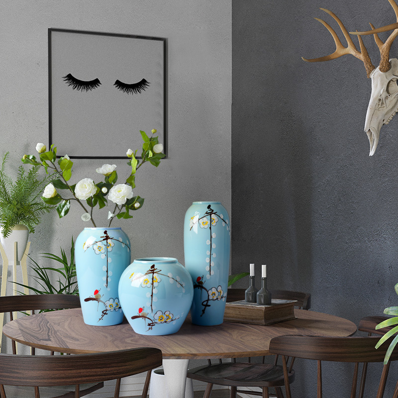 Modern new Chinese ceramics hand - made white name plum bottle three - piece household living room TV cabinet decorative furnishing articles arranging flowers